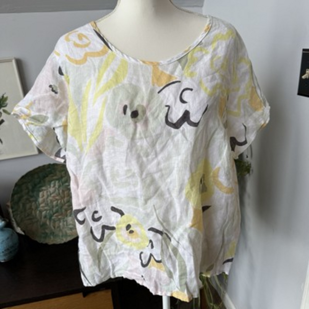Rachel Zoe Linen‎ Pastel Abstract Floral Popover Blouse 1X Spring Easter Summer